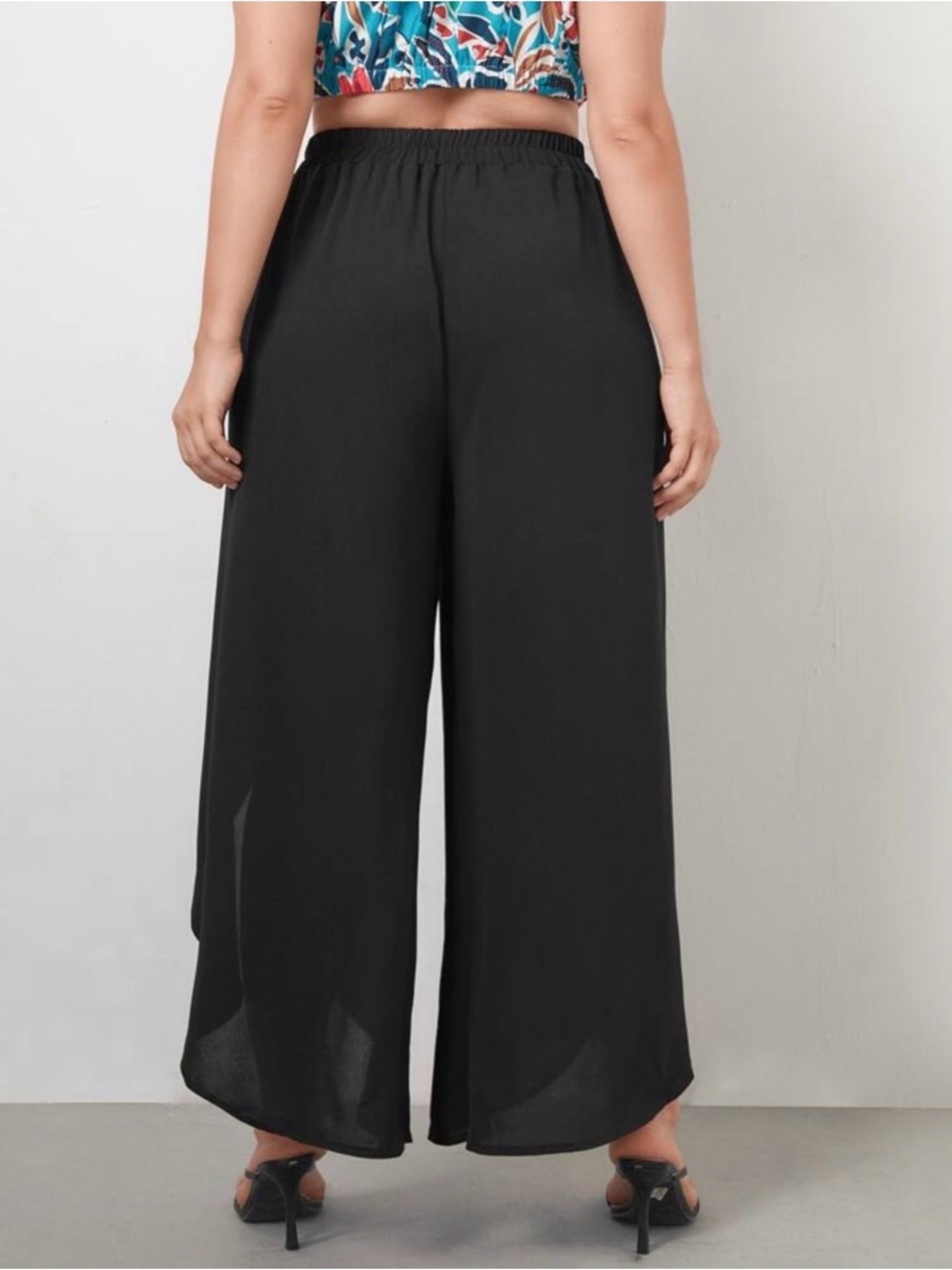Elastic-Waist Black Split Wide-Leg Pants - Picture 2 of 5